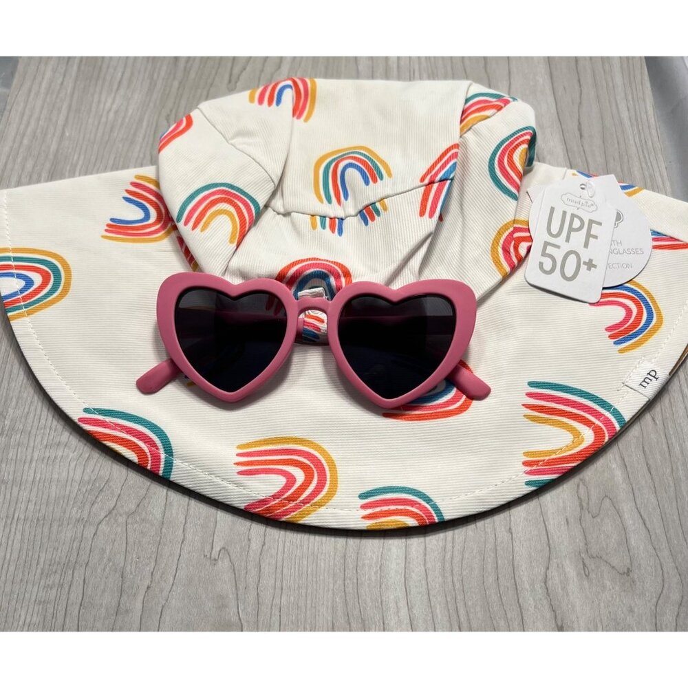 Mud Pie rainbow sun hat pink heart sunglasses NWT SPF 50 summer beach pool 6-18m